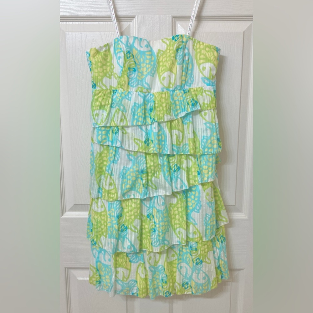 Lilly Pulitzer Arden Lurex Fish Off the Hook Tiered Strapless Dress 6 Resort